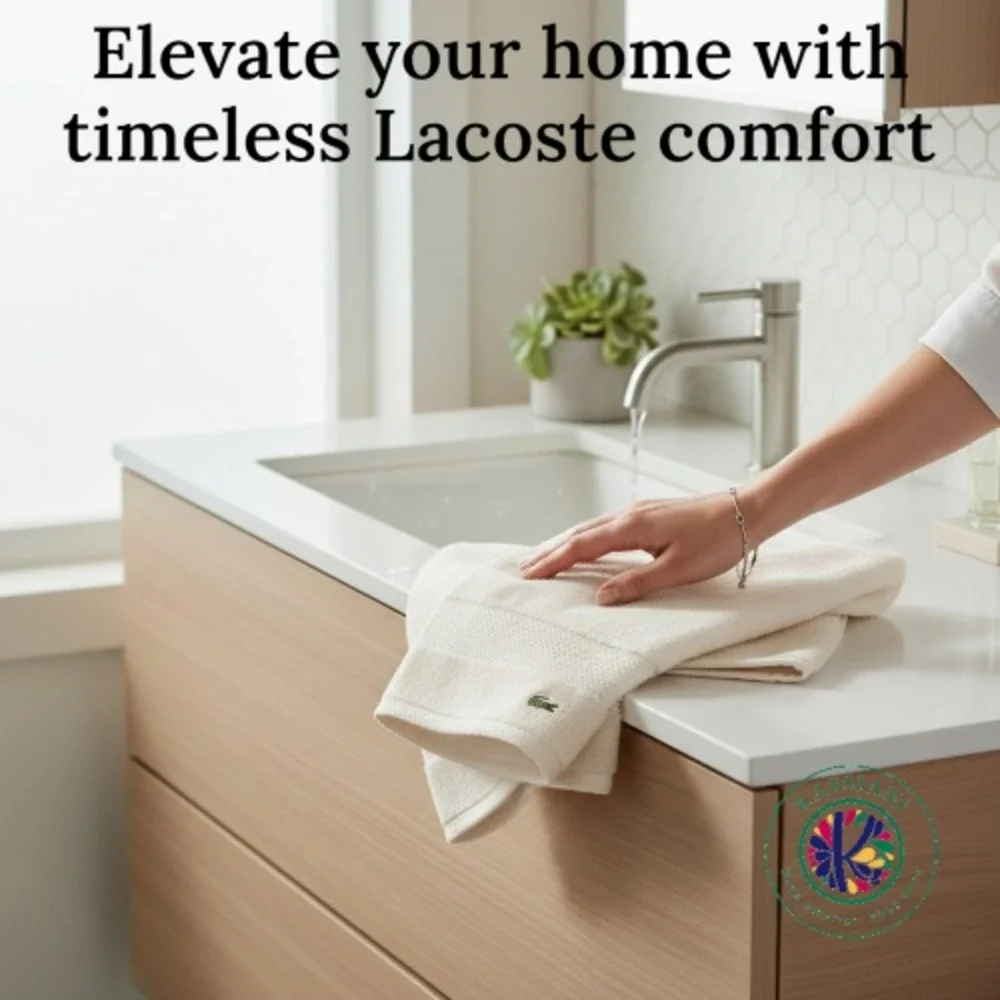 Lacoste Home Supima‎ Cotton Hand Towels, Heritage Chalk, Luxury Set of 2
